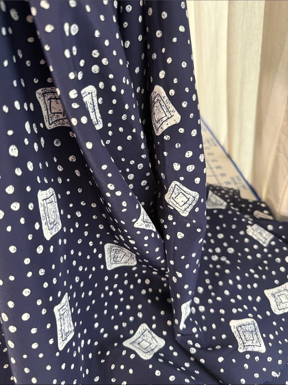 Vintage 1970s 80s Dark Navy Cream Abstract Dot Geometric Fabric 2.5 Yards x 44”